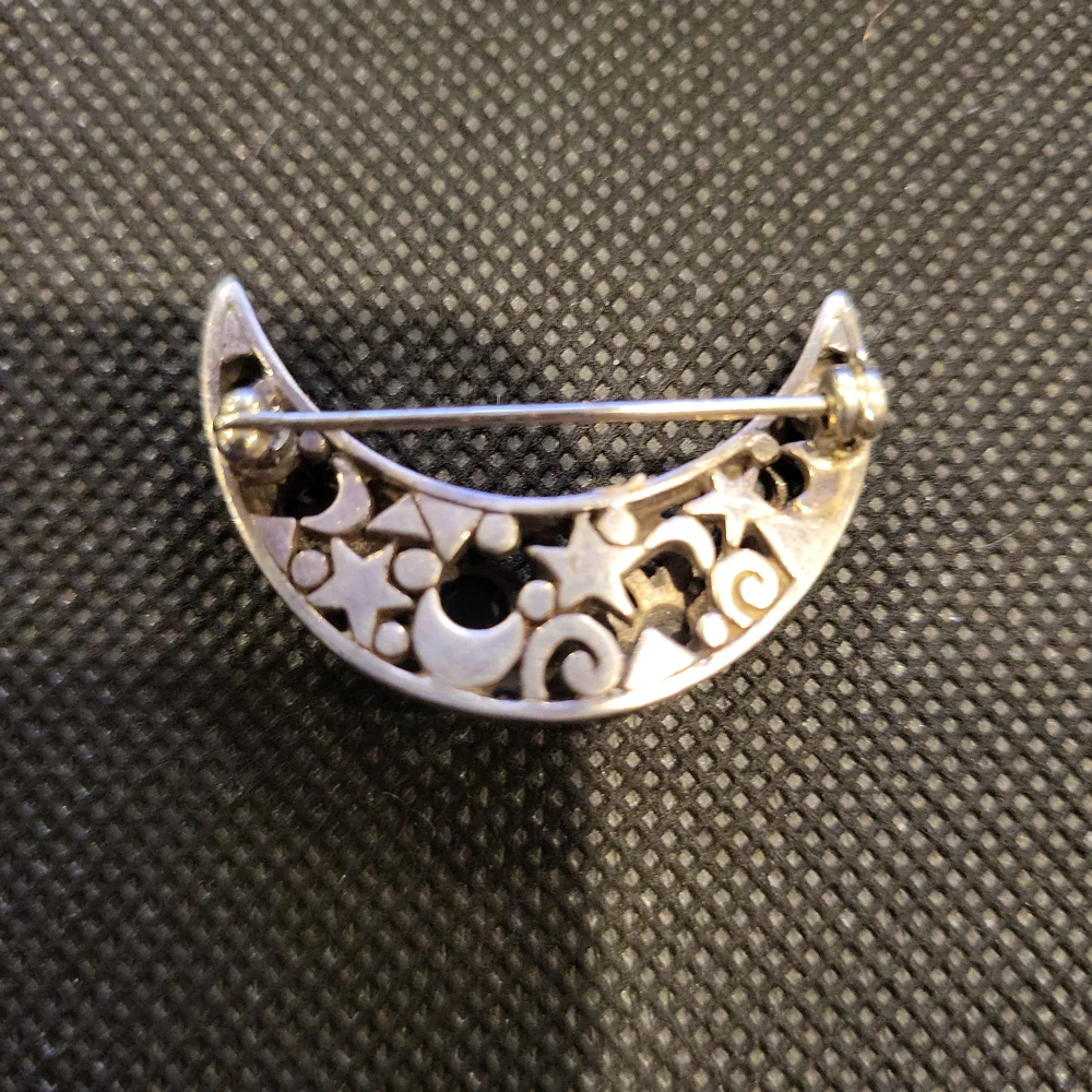 Crescent Moon & Stars Birthstone Sterling Silver Brooch